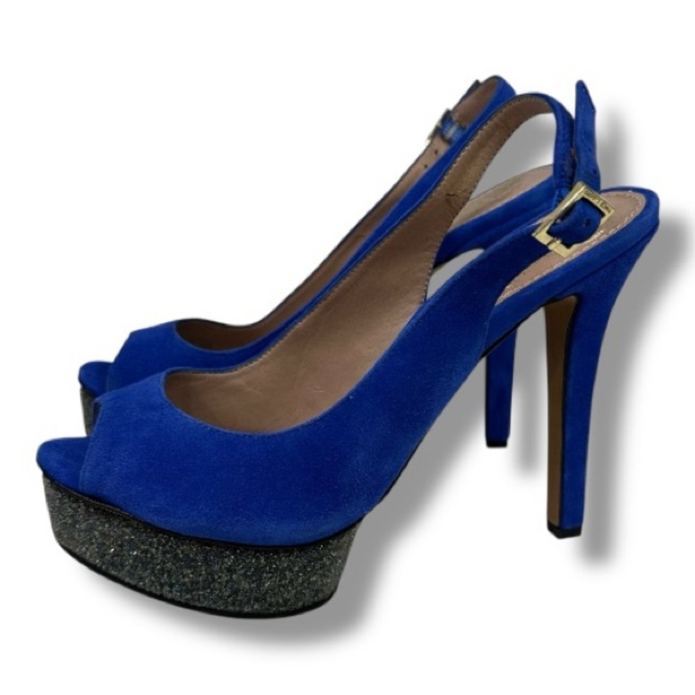 Vince Camuto Blue Suede Platform Heels Peep Toe Slingback Glitter Platform 7.5